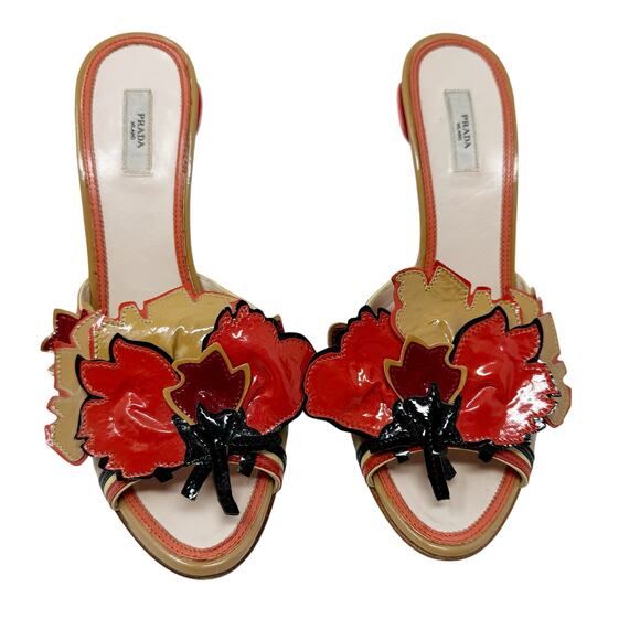 PRADA Red Tan Vintage Flower Heels Mules Spring 2008 Fairy Collection EU 37.5 - Picture 4 of 10